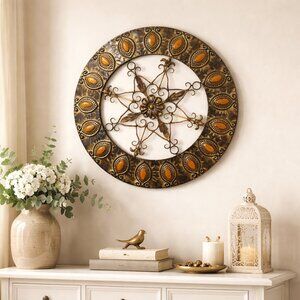 STUNNING 18” Large Metal Medallion Wall Decor – Sage & Amber Accents